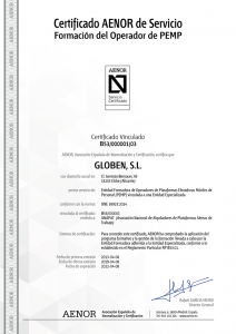 certificado AENOR para el curso de Formación de operadores de plataformas elevadoras