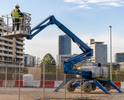 Operario con casco y arnés comprobando una plataforma articulada en una obra urbana