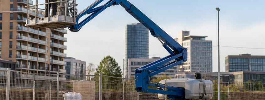 Operario con casco y arnés comprobando una plataforma articulada en una obra urbana