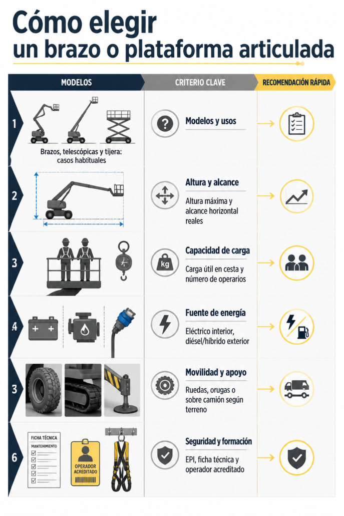 Comparativa visual para elegir un brazo o plataforma articulada según modelo, altura y alcance, capacidad de carga, fuente de energía, movilidad y requisitos de seguridad y formación