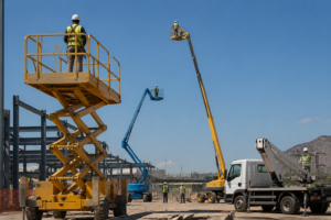 Varios tipos de plataformas elevadoras en obra con operarios con EPI trabajando.