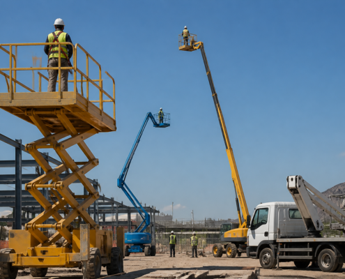 Varios tipos de plataformas elevadoras en obra con operarios con EPI trabajando.