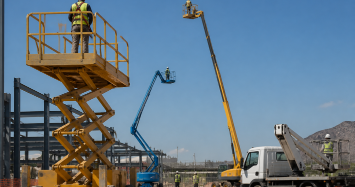 Varios tipos de plataformas elevadoras en obra con operarios con EPI trabajando.