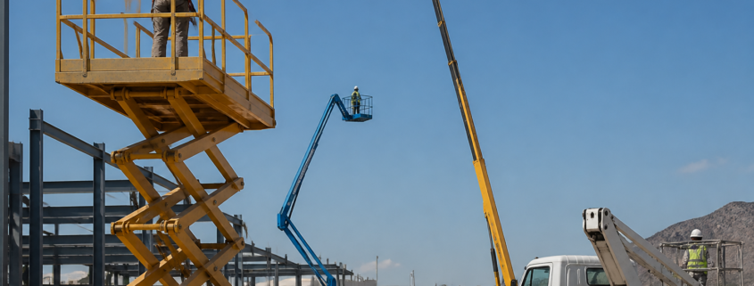 Varios tipos de plataformas elevadoras en obra con operarios con EPI trabajando.